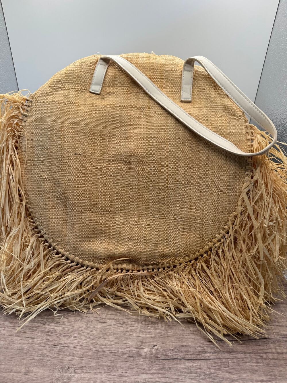 MNG Mango Round Straw Raffia Tote Bag -Off White Faux/Leather Strap/Fringe Boho